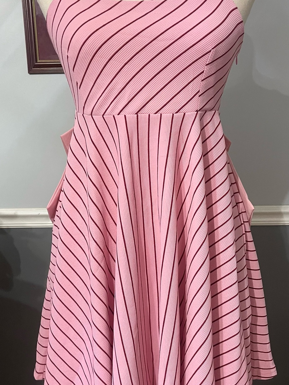 Umgee Pink Dress with Thin Burgandy Stripes and Beautiful Bow on Back.